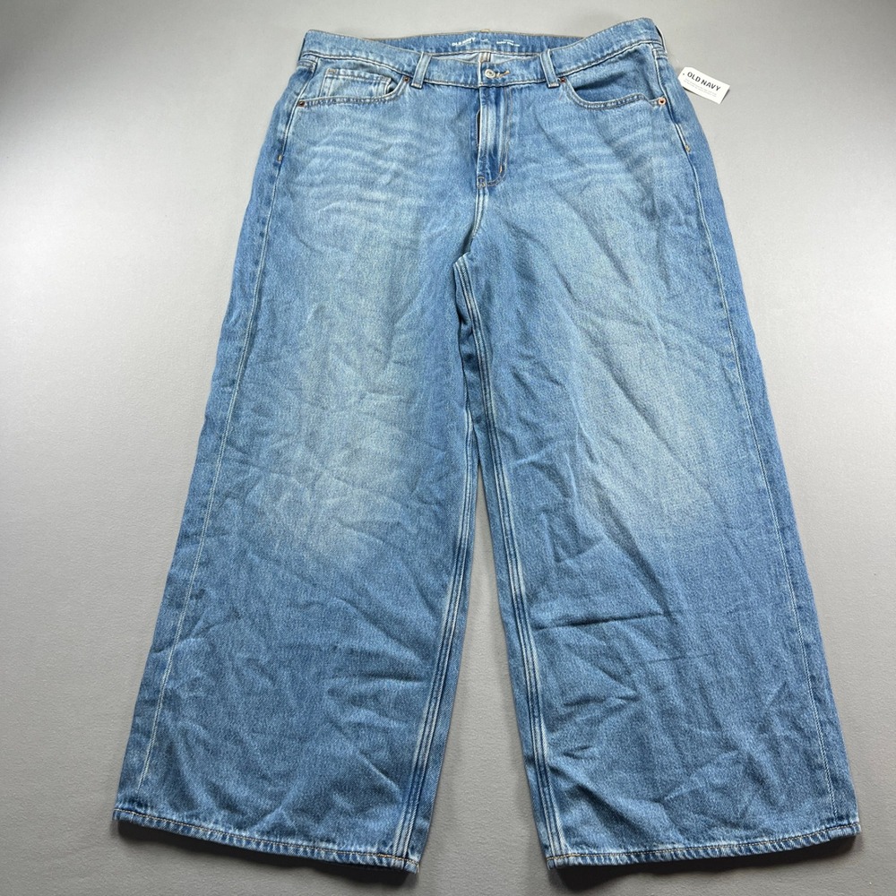 Old Navy Baggy Jeans Women 16 Petite Blue Drapey Denim Cotton High Rise Wide Leg